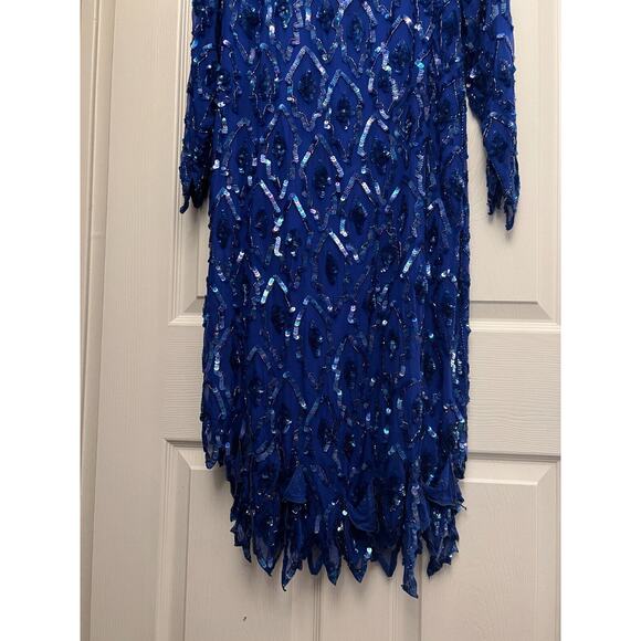 O.R. Silk Dress‎ Women's Small Blue Beaded Sequin Evening Cocktail Dress Vintage - Picture 3 of 15